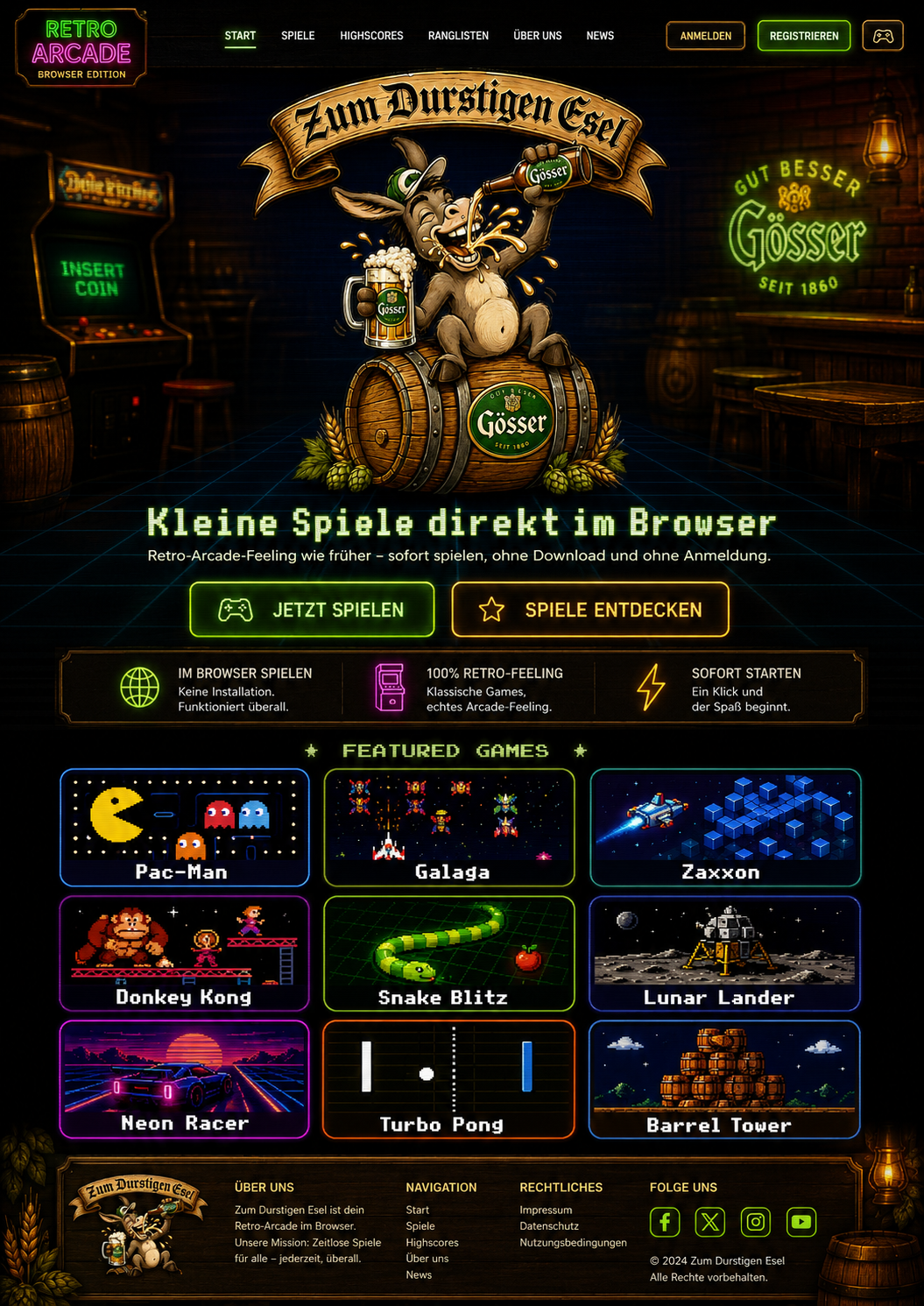 Zum Durstigen Esel Retro Arcade Landingpage